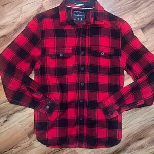 Red Black Plaid Flannel Shirt Button Front Long Sleeve Size Small